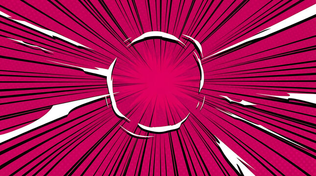 Pink comic book explosion background with dynamic manga speed lines and radial impact