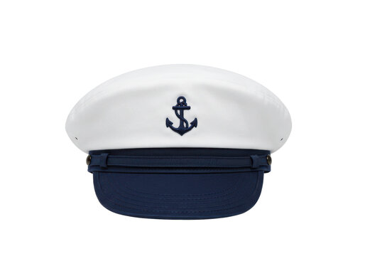 Classic white sailor's cap with navy blue accents isolated white background