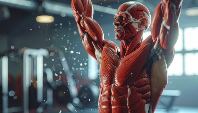 Human muscular system anatomy model working out with weights in a modern gym interior