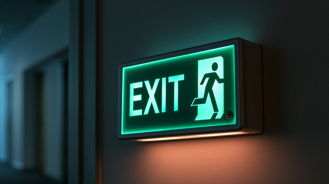 modern emergency exit sign glowing inside industrial warehouse corridor, workplace safety and emergency preparedness concept, clean architectural photography, strong copy space
