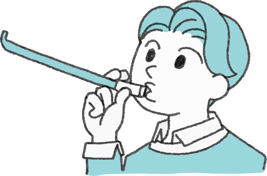 吹き戻し（巻笛）を使って口腔機能や呼吸筋を鍛える男性のシンプルイラスト。誤嚥性肺炎の予防や口腔ケア、高齢者向けリハビリ案内に使える2色ベクター（EPS）カット素材。