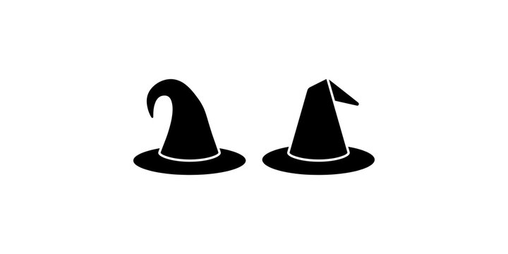 Two wizard hat silhouettes isolated for Halloween decoration and fantasy graphic design.