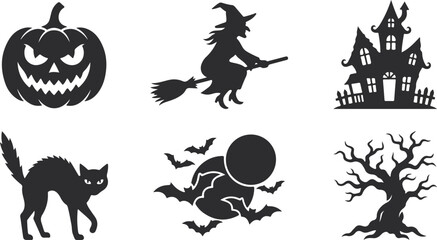 Fototapeta premium Set of six black halloween silhouettes isolated on white background