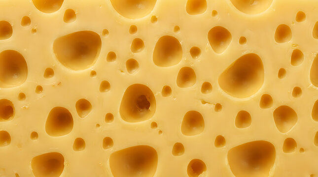 Yellow Swiss cheese texture background with holes, macro food surface pattern.