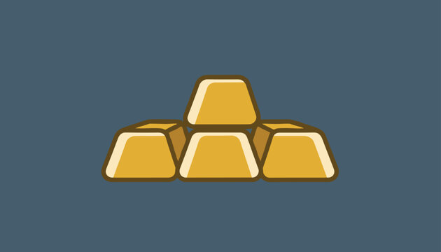 Classic stack of four shiny golden bars arranged in a stable pyramid isolated on a dark blue background.