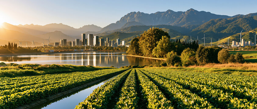 wide conceptual commercial scene combining sustainable agriculture, recycling, renewable energy, smart logistics and modern industry into one cohesive realistic landscape, future sustainable economy