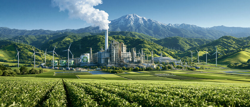 wide conceptual commercial scene combining sustainable agriculture, recycling, renewable energy, smart logistics and modern industry into one cohesive realistic landscape, future sustainable economy