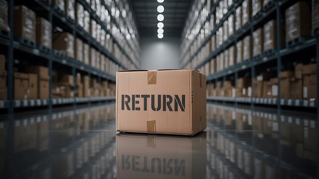 Single cardboard return package box placed on concrete floor in large industrial warehouse with rows of tall storage shelving and inventory