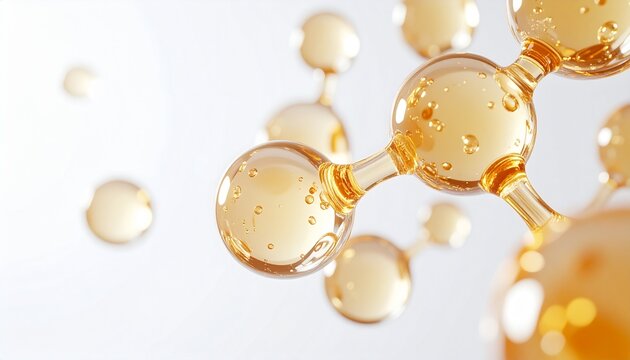 黄金色の透明な球体がつながる美容科学の分子構造イメージ、ぷるんとしたジェルのような質感で美容成分、潤い、保湿、ツヤ、美肌を表現したスキンケア、美容液、セラム、基礎化粧品、コスメ広告向け背景素材、ジェネレーティブAI
