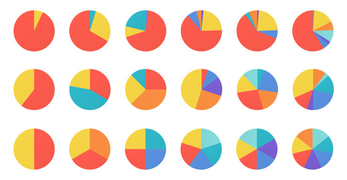 Colorful pie charts for modern data. Creative pie chart set with flat style. Bright and easy to understand visuals. Vector illustration