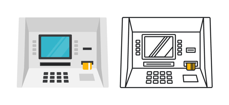Modern ATM machine with credit card inserted and digital screen interface. Cash withdrawal terminal with keypad and card slot in minimalistic style. Vector illustration