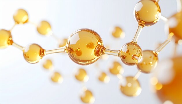 黄金色の透明な美容液をイメージした分子構造の背景素材、みずみずしい球体と上品な光沢で美容成分、潤い、保湿、ツヤ、透明感を表現したスキンケア、セラム、エッセンス、基礎化粧品、美容広告、ジェネレーティブAI