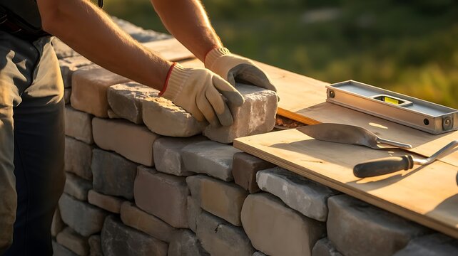 Skilled stonemason building a rustic natural stone wall in a garden setting using a spirit level and trowel during a warm golden hour sunset