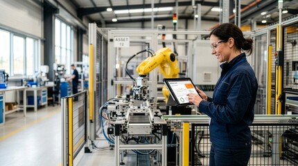 Fototapeta premium Maintenance engineer using AI predictive maintenance software to monitor industrial machinery in a smart factory