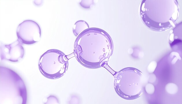 ラベンダー色の透明な分子構造が白い空間に浮かぶ美容背景素材、ぷるんとしたガラスのような質感で美容成分、保湿、潤い、透明感、ツヤをイメージしたスキンケア、美容液、セラム、化粧水、エッセンス、基礎化粧品、美容広告に使えるジェネレーティブAI