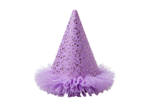 Sparkling lavender party hat with tulle and glitter embellishments isolated white background