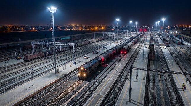 Busy railway station yard illuminated by bright floodlights at night with illumination transportation logistic railroad terminal industrial