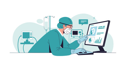 Naklejka premium Doctor working on computer with medical equipment, illustration