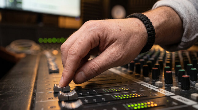 Audio engineer adjusting mixing console fader in professional music recording studio