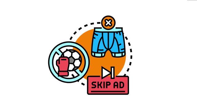 Avoiding specific items or content in marketing and media, featuring icons for underwear with a cross, a forbidden soccer ball and boxing glove, and a skip ad button