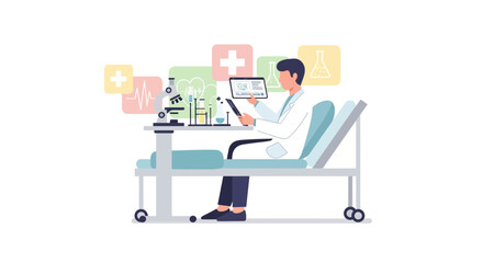 Fototapeta premium Doctor in lab coat using tablet near medical equipment, transparent background