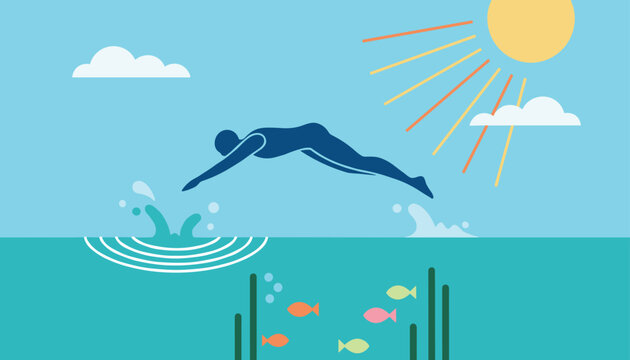 Swimmer diving gracefully into clear blue water under a bright yellow sun with colorful fish swimming below the surface.