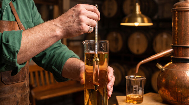 Distiller testing alcohol proof with hydrometer in craft distillery