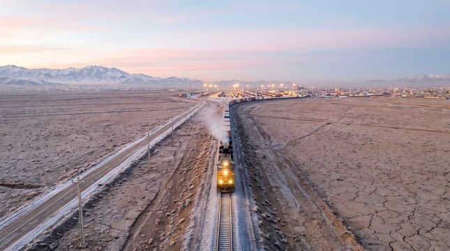Locomotive train traveling on single track railroad through a vast desert landscape with locomotive railroad landscape transportation mountains