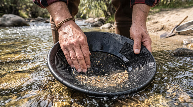Gold panner washing sediment in a river pan for precious metal prospecting and mining.