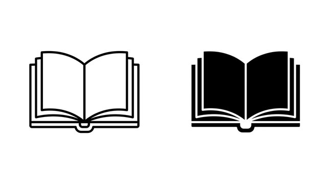 Minimalist open book icons set featuring solid and outline styles for educational interface design with presented both outline clean white background