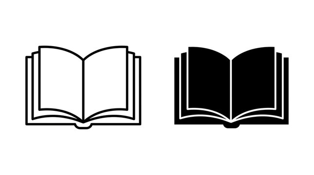 Minimalist open book icon set featuring outline and solid black graphic styles for educational design with black silhouette format