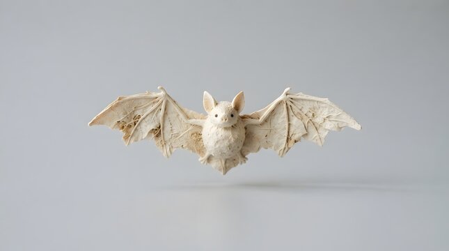 Detailed miniature sculpture of a small bat with textured wings isolated on white background