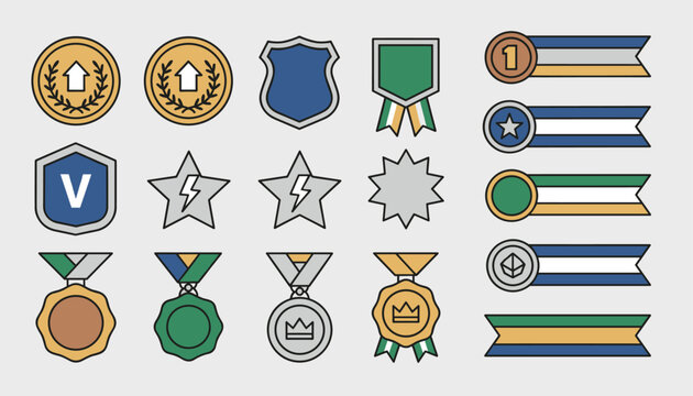 Colorful set of gamification badges, achievement ribbons, and medals for level progression in casual mobile gaming.