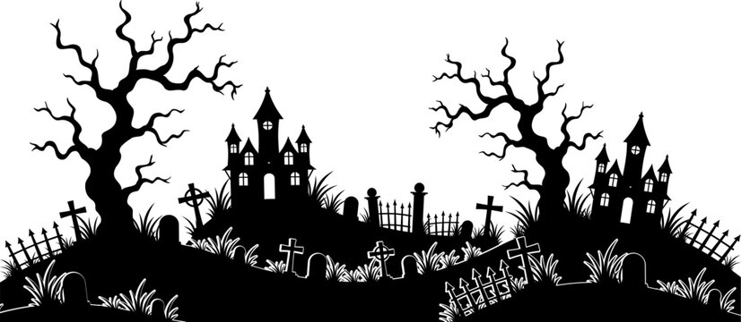 Haunted Cemetery Landscape with Spooky Trees, Graveyard, Haunted Houses and Tombstones Halloween Vector