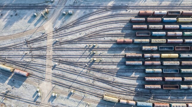 Aerial view of a complex railway junction with multiple intersecting tracks and cargo trains junction intersecting transportation railroad