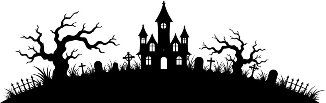 Haunted Mansion Graveyard with Dead Trees, Tombstones and Gothic Fence Halloween Vector Illustration