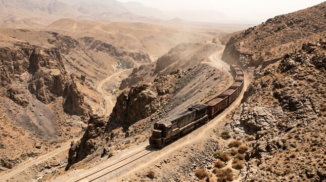 A freight train traveling along winding tracks through a rugged desert canyon landscape with landscape locomotive transportation mountain railroad