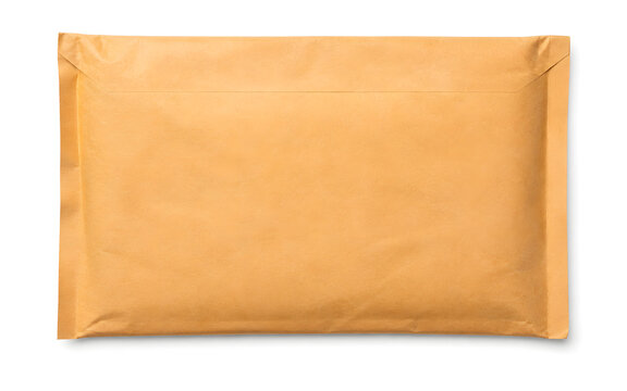 Brown kraft mailer envelope isolated on white background, packaging mockup