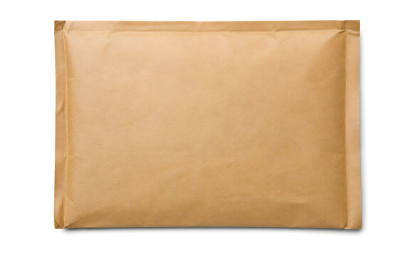 Brown kraft mailer envelope isolated on white background, packaging mockup