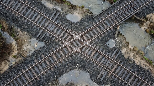 An overhead aerial view of intersecting railway tracks crossing each other on rocky terrain with crossing intersection junction railroad overhead