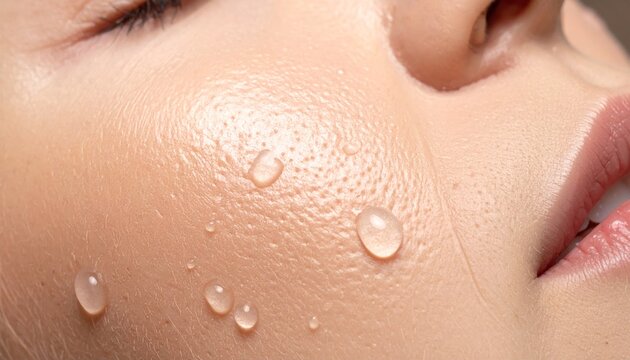 Close up macro shot of young woman healthy face skin texture with clear water droplets and hydrated pores for natural beauty concept