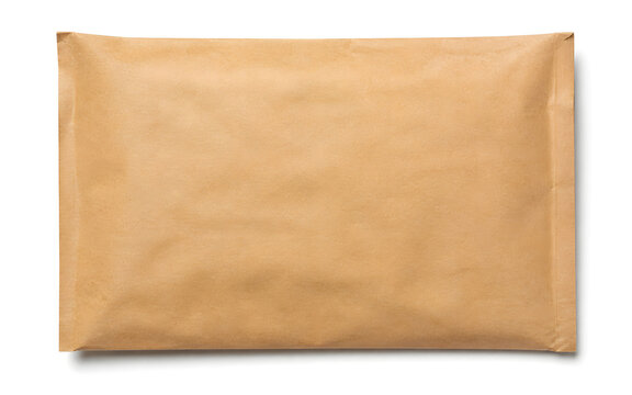 Brown kraft mailer envelope isolated on white background, packaging mockup