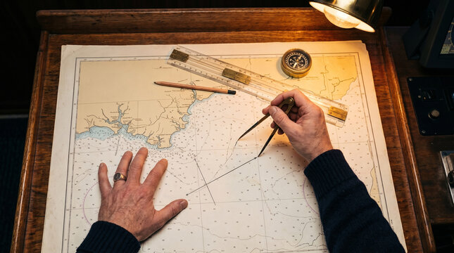 Navigator plotting a course on a nautical chart using a compass and ruler on a wooden desk