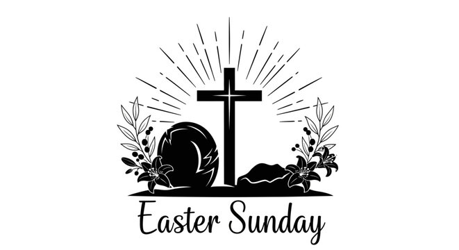 Black and white easter sunday design featuring a cross empty tomb lilies and sun rays on white background with displays black vector illustration Christian cross open tomb flowers