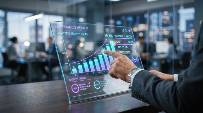 Businessman pointing at transparent glass display showing performance metrics and quarterly growth statistics, corporate boardroom setting, financial report presentation