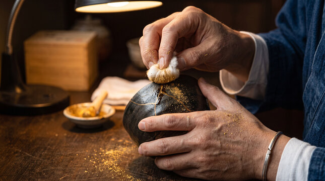 Artisan restorer applying gold dust to ceramic bowl using traditional kintsugi technique