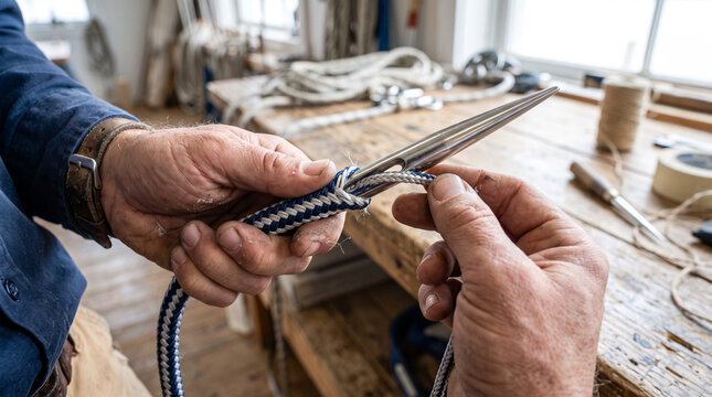 Rigger splicing double braid rope with metal fid in a professional workshop