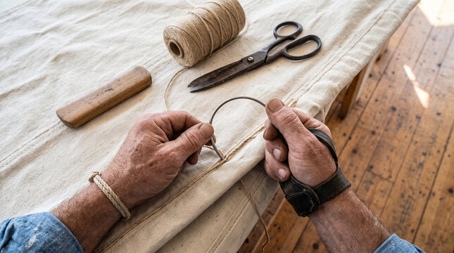 Sailmaker hand stitching heavy canvas fabric with needle and twine in a workshop