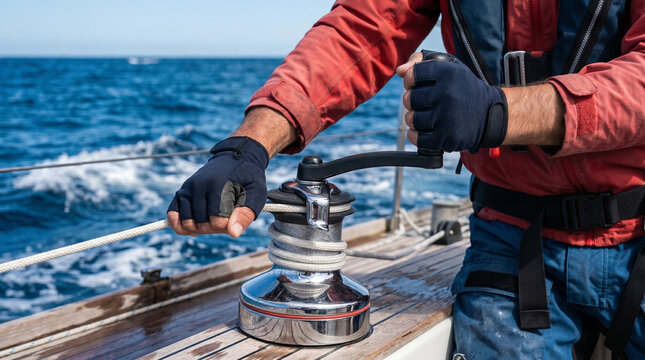 Sailor grinding a sailboat winch on a yacht deck during a sailing race or sea voyage