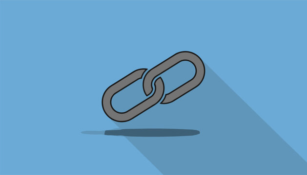 Flat vector chain link icon with a long shadow displaying on a solid light blue background representing connectivity.